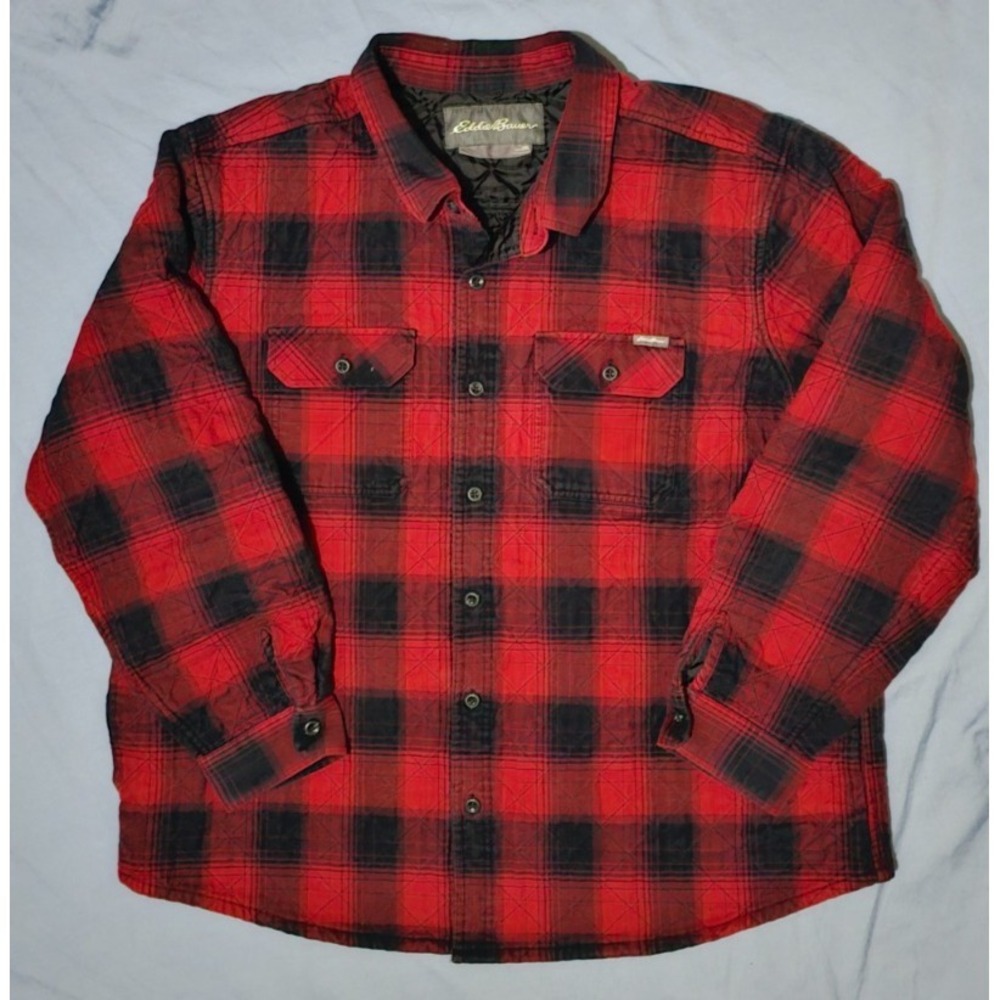 EDDIE BAUER Red Plaid Quilted Button Front LS‎ Insulated Shirt Jacket 2XL